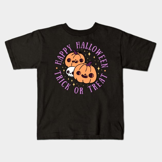 Happy Halloween trick or treat cute pumpkin heads with a skull Kids T-Shirt by Yarafantasyart